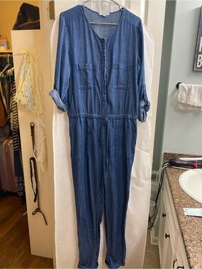 LOFT Blue Denim Utility Jumpsuit with Drawstring Waist